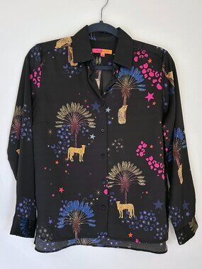 Vilagallo Isabella Black Cheetah Print Button Down Blouse Sz US 4 MSRP $128